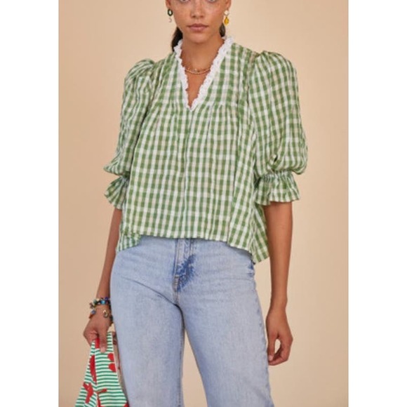 HUNTER BELL Tops - Hunter Bell New York Women's Mia Top Size Small Green White Check V Neck Pleated